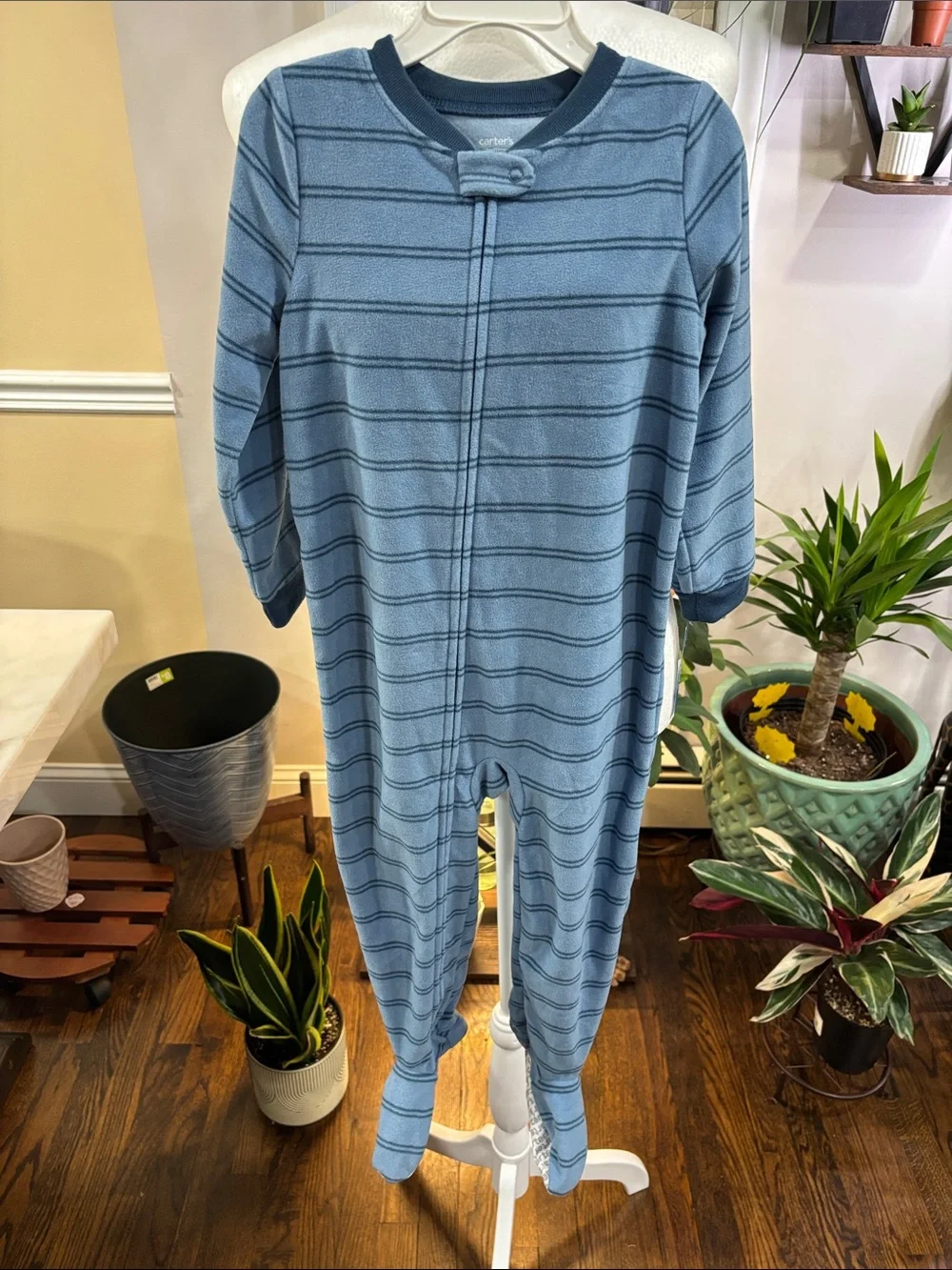 Carter’s Blue Striped Fleece One-Piece footed Pajamas size 4T